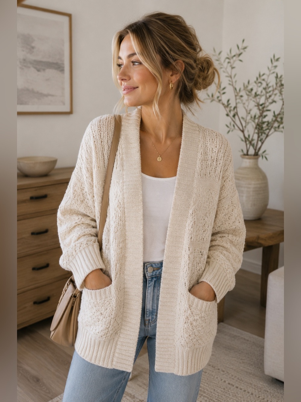 moon & madison Cream Textured Cardigan Size XXS Neutral Minimalist Cozy